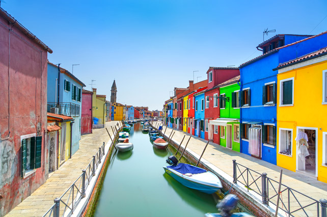 Burano Venice Italy - canal colorful houses and boats
